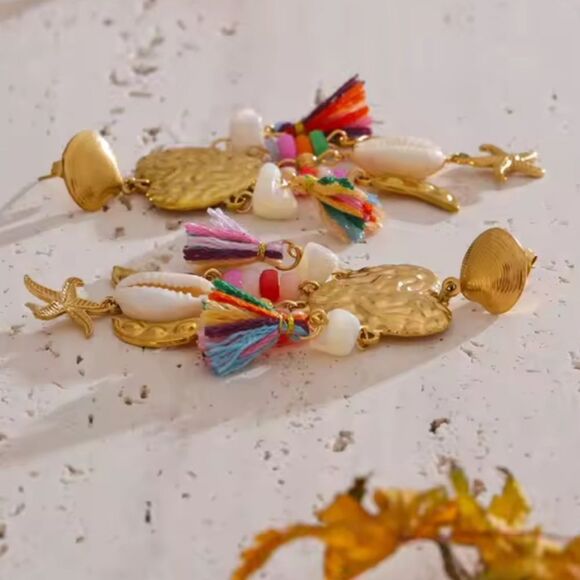 New ANTHRO Gold Ss Seashell Heart Beaded Tassel  Starfish Dangle Earrings - Picture 8 of 12
